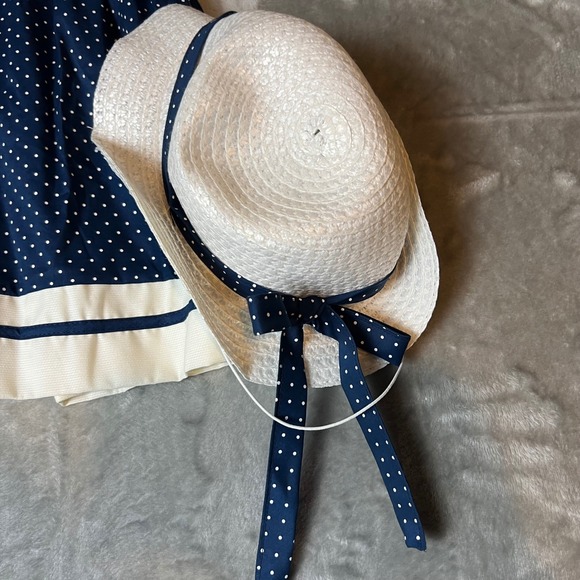 VTG Roanna Navy White Polka Dot Dress Hat Set Nautical Sailor Toddler Size 3T - Picture 2 of 5